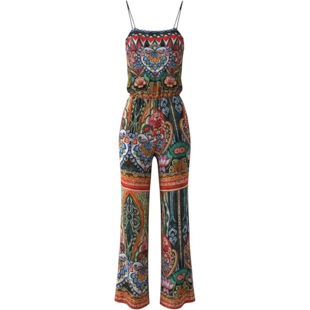 Desigual Jumpsuit Womens 28 Paisley Floral Multicolor Bohemian Wide Leg Smocked